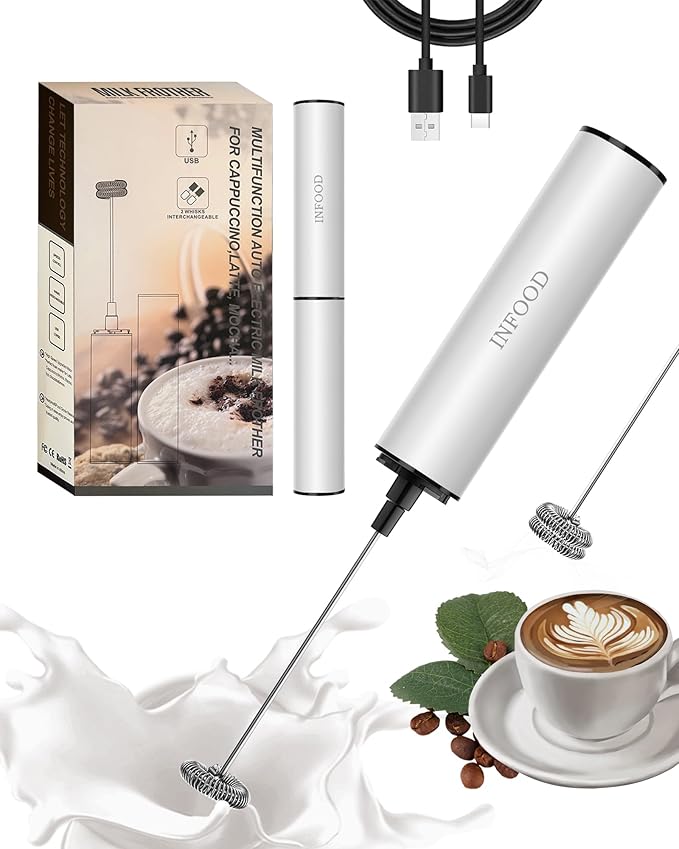 INFOOD Rechargeable Milk Frother with Cover, 2-Speed, 2 Whisks, White | Stainless Steel Body and Whisks, 2 Detachable Heads, for Lattes, Cappuccinos, Hot Chocolate, and Egg