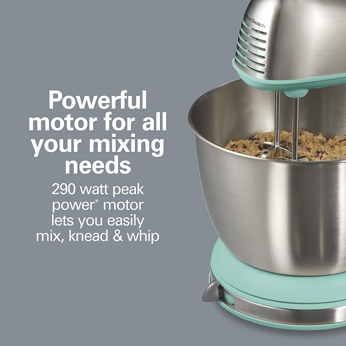 Hamilton Beach Classic Electric 4 Qt Stand Mixer & Hand Mixer With 6 Speeds | 2-in-1 Versatility | QuickBurst For Added Power | 290 Watts Peak Power | Built-In Bowl Rest | Aqua Blue