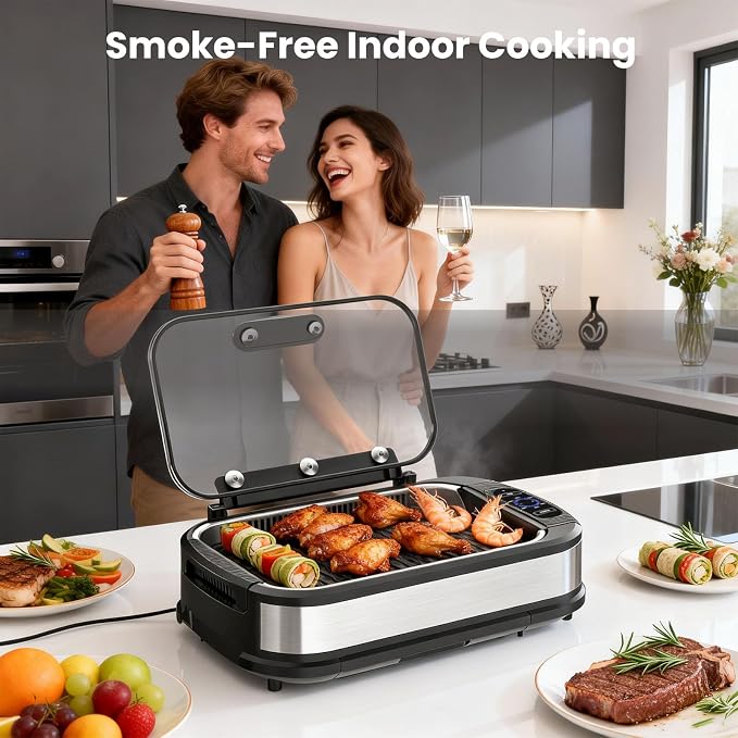 Electactic Smokeless Electric Grill & Griddle for Indoor Cooking, Nonstick Contact Grill with 6-Level Temperature Control, Dishwasher Safe Plates, Auto Shut-Off, Ideal for Kitchen, Apartment, Home