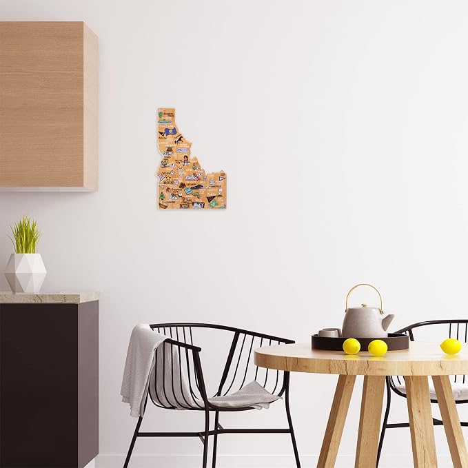 Totally Bamboo Idaho State Shaped Cutting Board, Art by Fish Kiss | State charcuterie board with colorful hand-drawn map artwork. Smooth reverse side for food prep. Hang tie for wall display.