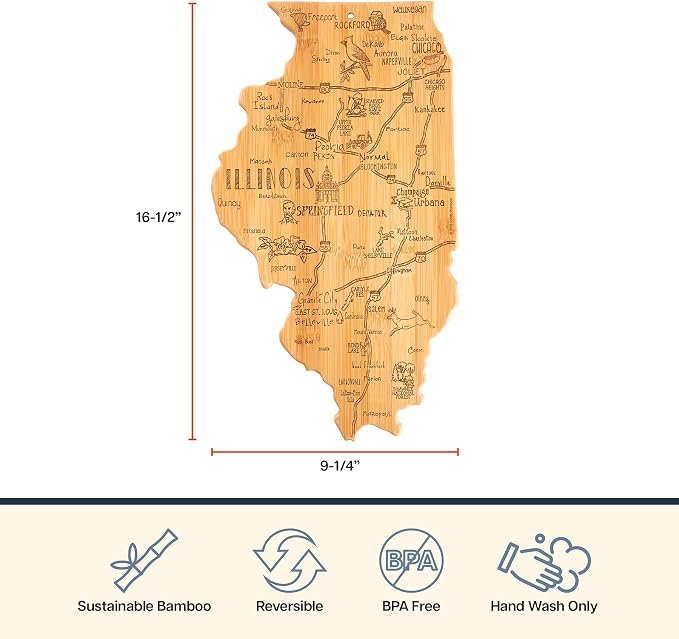 Totally Bamboo Destination Illinois State Shaped Cutting Board | State charcuterie serving board with engraved map artwork. Smooth reverse side for food prep. Hang tie for wall display.