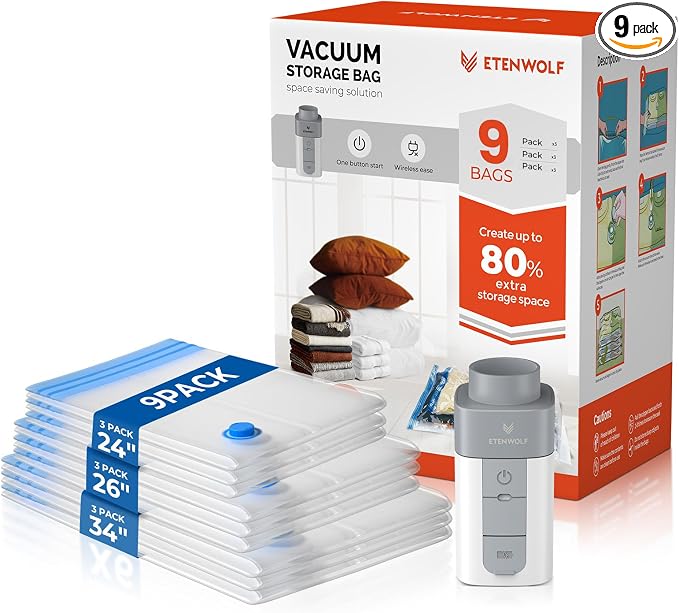 ETENWOLF 9 Combo Vacuum Storage Bags for Travel with Wireless Pump | Vacuum Seal Bags for Clothing Travel, Compression Packing Bags for Clothes and Blankets, Space Saver Bags in Carry-On Sizes