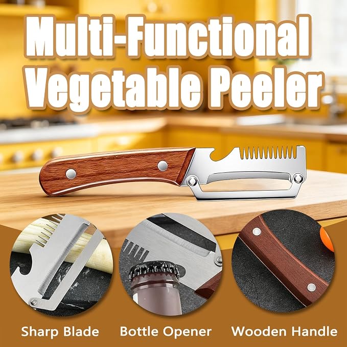 2Pcs Multi Functional Vegetable Peeler for Kitchen, with Bottle Opener and Wooden Handle, 3-in-1 Stainless Steel Kitchen Tool for Fruit Potato Pumpkin(3 in 1)