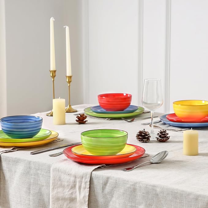 Selamica Ceramic Plates and Bowls Sets,12 Pieces Dinnerware Sets for 4,Scratch Resistant Dish Set,Dishwasher & Microwave Safe, Dopamine