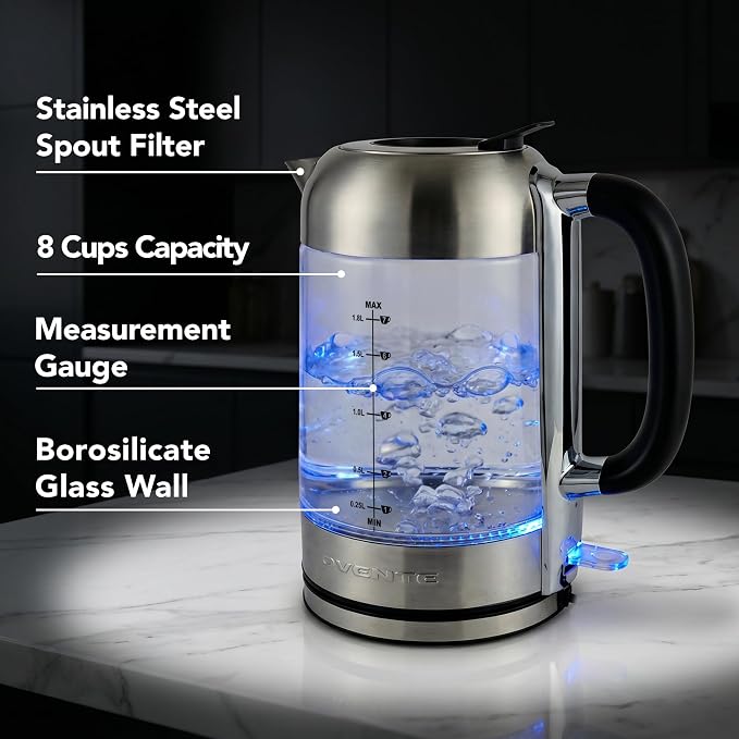 OVENTE 1.8L Glass Electric Kettle Water Boiler, Silver KG71S | 1500W Fast Boiling, Easy Fill Lid, Borosilicate Glass, BPA-Free, Blue LED, Auto Shut-Off, Boil-Dry Protection, Cordless