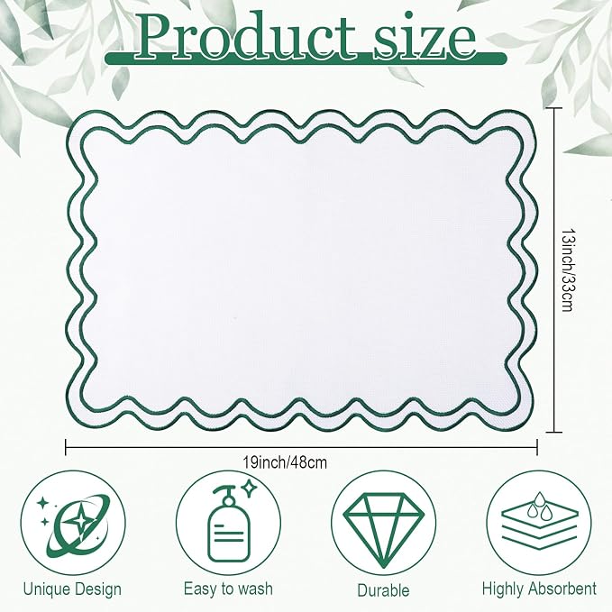 HunnmingRe White with Dark Green Set of 6 Cotton Linen Wedding Placemats, 13x19 Inch Scalloped Wavy Embroidery Placemat Double Layered Washable Rustic Rectangle Dinner Table Mat for Home Decor