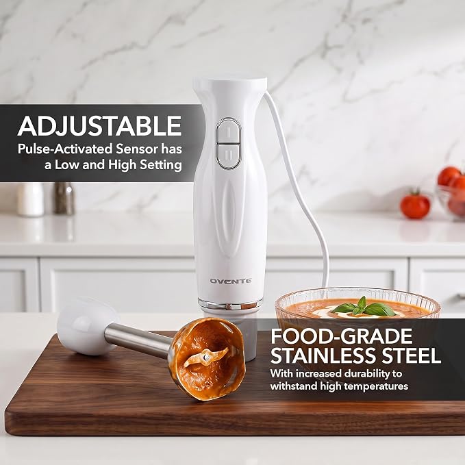 OVENTE Electric Corded Hand Blender, 300W with 2 Mixing Speeds White HS560W | Handheld Immersion Stick Mixer with Stainless Steel Blades for Smoothies, Purees & Baby Food