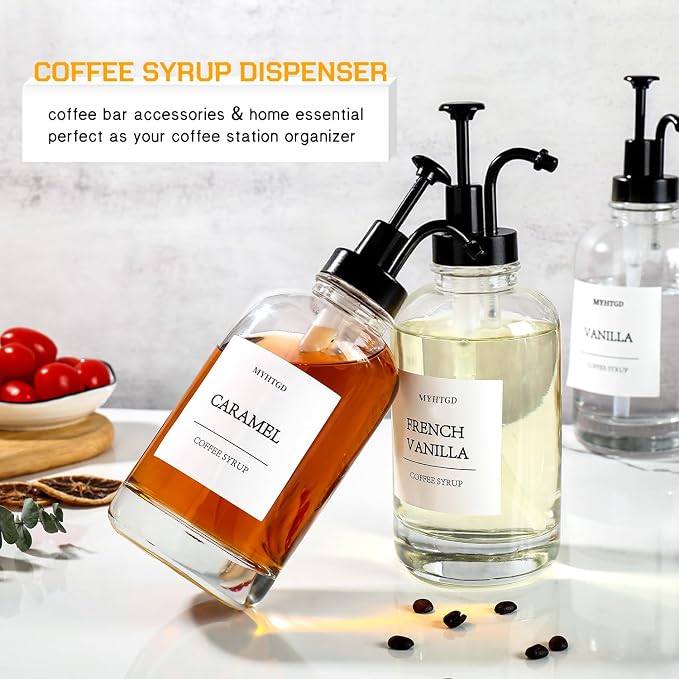 Coffee Bar Accessories,MHDCLY Coffee Syrup Dispenser - 4pack,16.9oz Syrup Dispenser with Labels ，Syrup Pump Dispenser for Coffee Bar(Black Pump)