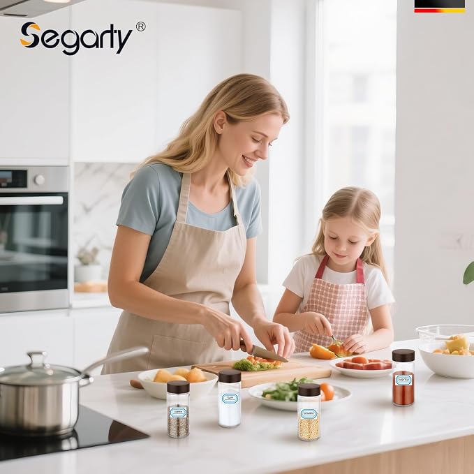 Segarty 4oz Spice Jar with Shaker Lids, 6 Pack 120ml Glass Round Empty Spices Jars with Wood Lids, Clear Seasoning Container Cereal Containers Set for Storage, Spice Bottle with 7 Stickers and 1 Brush