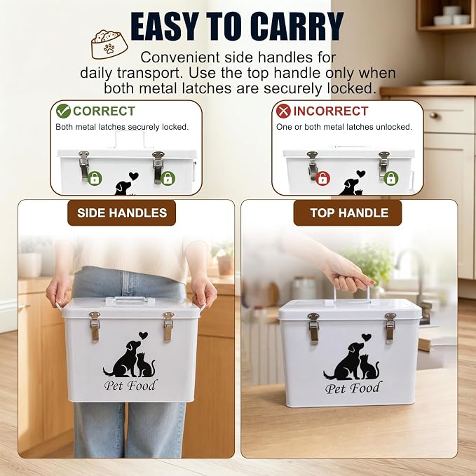Vivifying Airtight Metal Dog Food Storage Container with Scoop, 13 lb | Sealing Ring and Double Locks Keep Dog Treats, Cat Treats, Cookies and Dry Pet Food Fresh, Secure and Organized, White