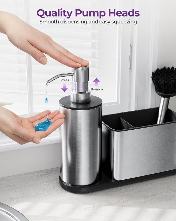 Kitchen Sink Caddy Organizer Stainless Steel Dish Soap Dispenser Set-3 in 1 | Kitchen Soap Dispenser,Sponge Holder for Kitchen Sink with Dish Brush,Dish Brush Holder-Rustproof,Multifunctional