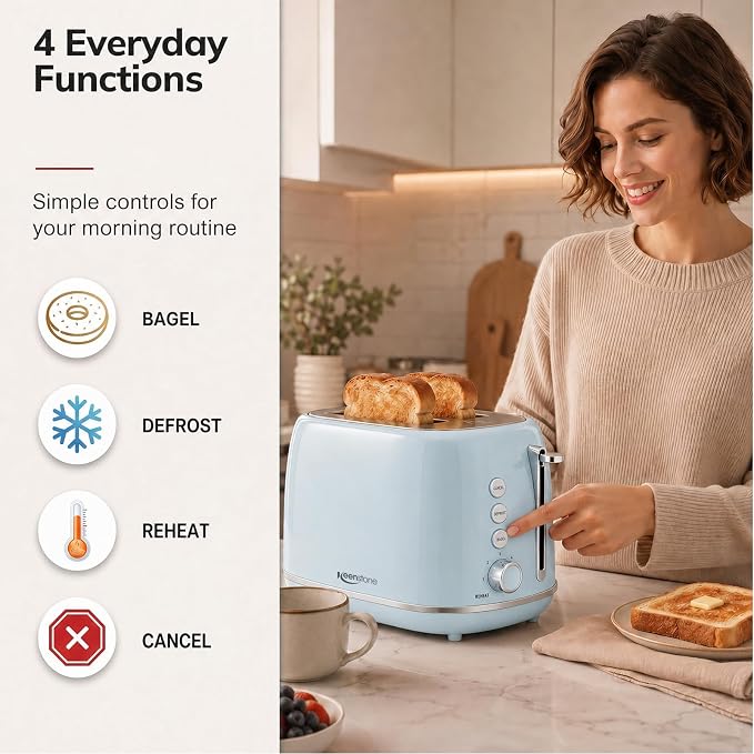 Retro 2 Slice Stainless Steel Toaster with 6 Bread Shade Settings, Bagel, Cancel, Defrost Function, Extra Wide Slot, Removable Crumb Tray, Blue