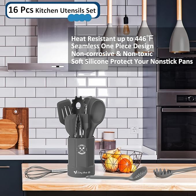 Silicone Kitchen Utensils Set, 16-Piece Silicone Cooking Utensils by Deedro | Heat Resistant Kitchen Tools Set with Holder, Nonstick Spatula Kitchen Gadgets for Cooking & Baking, Gray