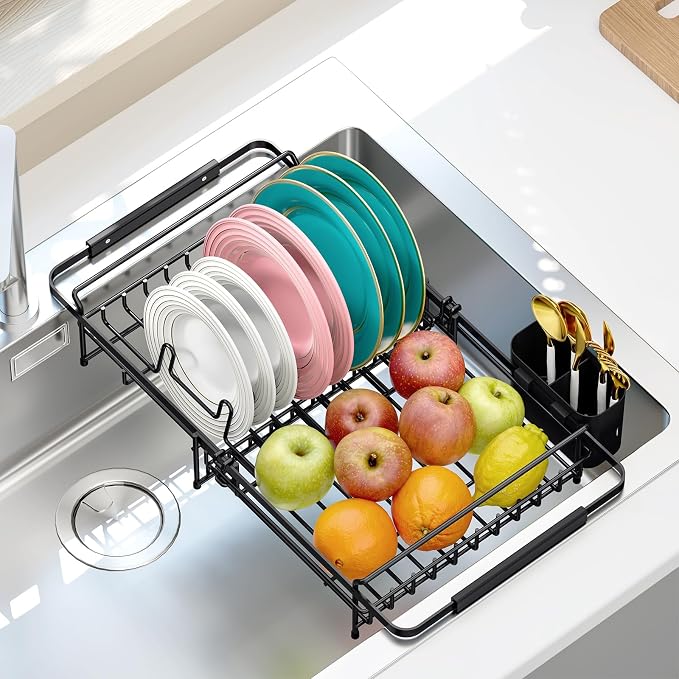 Urackify Expandable Stainless Steel in Sink Dish Drying Rack | Expandable design fits 13"-18" sinks. Rustproof stainless steel construction. In-sink rack with utensil holder.