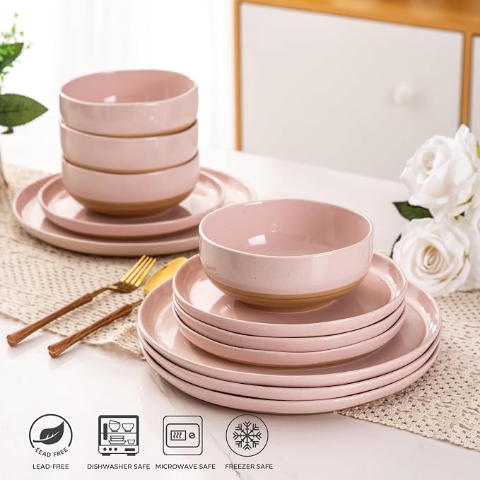 AmorArc Dinnerware Sets for 4, 12 Pieces Ceramic Plates and Bowls Set | Scratch Resistant Stoneware Dishes Set, Dishwasher & Microwave Safe, Cloud Pink