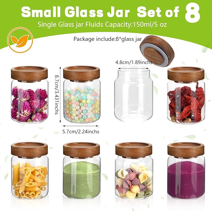 5 oz Glass Spice Jar with Acacia Wood Lid 8 pcs,Small Coffee Sugar Herb Container Food Storage Canisters Bottle for Candy Kitchen Seasoning Tea Overnight Oats Bar Snacks (8 * 150ml(5oz))