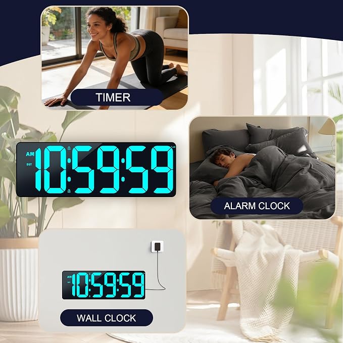 17.2" Bluetooth Digital Wall Clock with Seconds, Large Countdown Timer for Classroom Home Gym Kitchen Office, Alarm Clock with Remote Control, 4 Dimmable Brightness, Auto DST (Ice Blue)