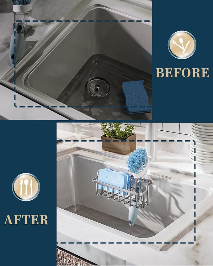 Consumest Sponge Holder Sink Caddy - Ladder Shaped Sponge Holder for Kitchen Sink with 2 Installation Ways (Suction Cups & Adhesive Hook), Rustproof Stainless Steel Kitchen Organizer, Sand Nickel
