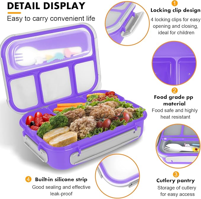 Bento Box for Kids 1300ML with 4 Compartment & Food Picks Cake Cups, Purple | Lunch Box Containers for Adults/Kids/Toddler, Leak-Proof, Microwave/Dishwasher/Refrigerator Safe, BPA Free