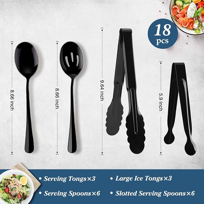 Mwellewm 18Pcs Serving Utensils Set Serving Tongs Serving Spoons for Buffet | Dishwasher Safe, Black Stainless Steel Tableware, Metal Cutlery, for Parties Weeding Entertaining Catering Banquet Birthday