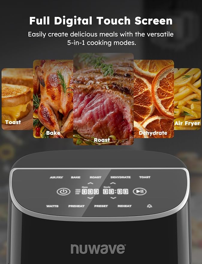 Nuwave Brio Plus 8 Qt Air Fryer, PFAS Free, New & Improved, 50-400°F in 5°F | Digital Touchscreen, Cool White Display, Ceramic Nonstick Coating, 5 Cook Modes, 100 Presets/50 Memory, 700/1500/1800W, Black