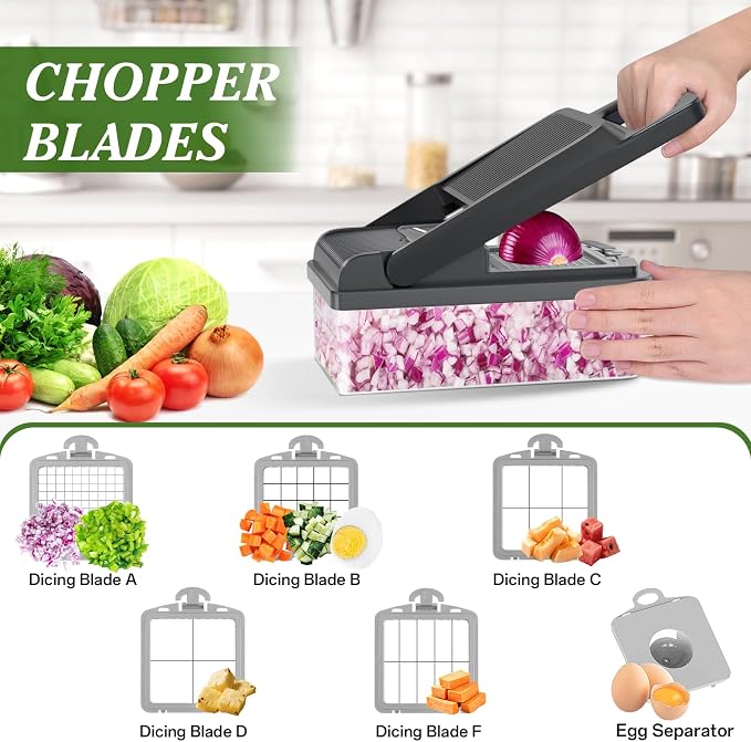 HomeHacks Veggie Chopper Vegetable Cutter, 15 in 1 Kitchen Gadget, Grey | Dicer, Slicer, Cutter, Slap Chop, Cheese Grater & Egg Separator - Multi-Functional Salad Fruit Onion Chopper with Container