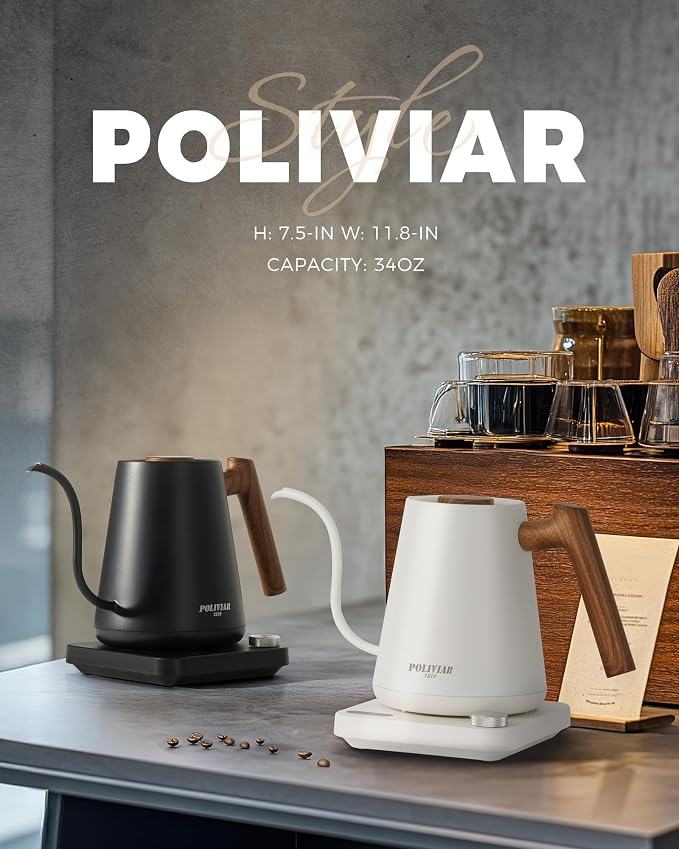 POLIVIAR Electric Gooseneck Kettle, Wood Pattern Handle, White | 1350W, 34oz Pour Over Electric Tea Kettle for Coffee & Tea, 18/8 Stainless Steel Inner, Temperature Control, Rapid Heating