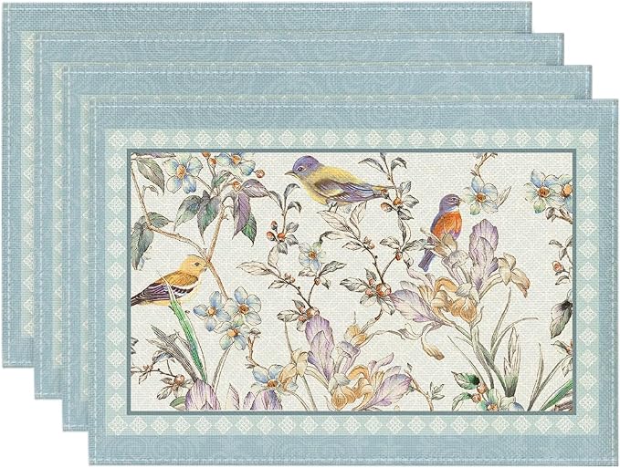 Artoid Mode Blue Birds Flowers Blossom Placemats Set of 4, 12x18 Inch Table Mats for Table Runner Party Kitchen Dining Decoration