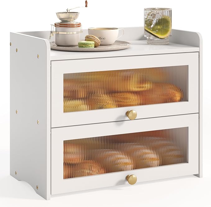 Large Vintage Bread Box for Kitchen Countertop Homemade Bread, White | Farmhouse Wooden Double Layer Breadbox Organizer Bread Holder Storage Container with Window