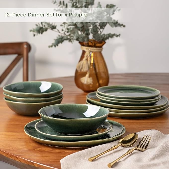 AmorArc Ceramic Dinnerware Sets for 4, 12Pcs Plates and Bowls Sets Dishes | Stoneware Handmade Reactive Glaze Dinner Set, Highly Scratch Resistant | Dishwasher & Microwave Safe Dishware