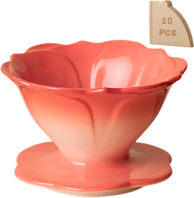 Ceramic Pour Over Coffee Dripper Flower Shape V01 with 20 Filters | 20Pcs filters included, Wide base fits most mugs, Sturdy quality ceramic, Balanced taste coffee brew