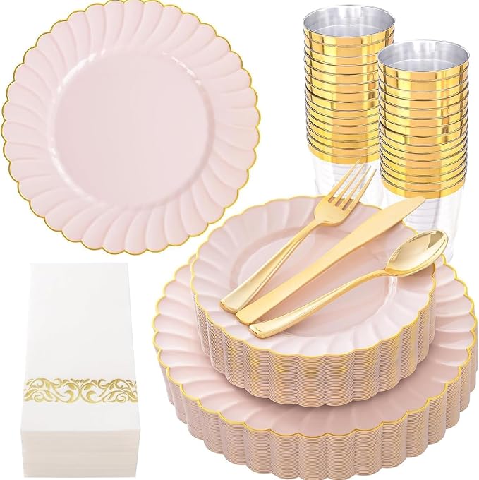 YOUBET 175PCS Pink Scalloped Plastic Plates for Party Wedding Baby Shower | Pink and Gold Disposable Dinnerware Set Include 50 Plates, 75 Gold Silverware, 25 Cups, 25 Napkins