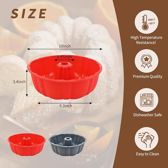 2 Pack Silicone Cake Pan,Jello Moldes Para Gelatinas，10 Inch, Red+Grey | Nonstick,Cake Pans，moldes para gelatinas，Pound Cake Pan, Baking For Jello, Gelatin, Cake, Brownie and Bread