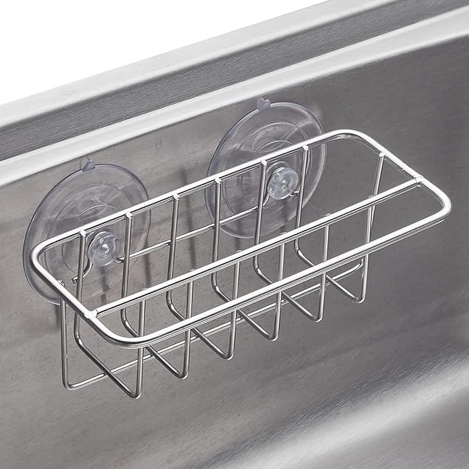 TESOT Sink Caddy Sponge Holder for Kitchen Sink Dish Cloth Hanger 2 Suspension Options(Suction Cups and Adhesive Hook), SUS304 Stainless Steel, Silver