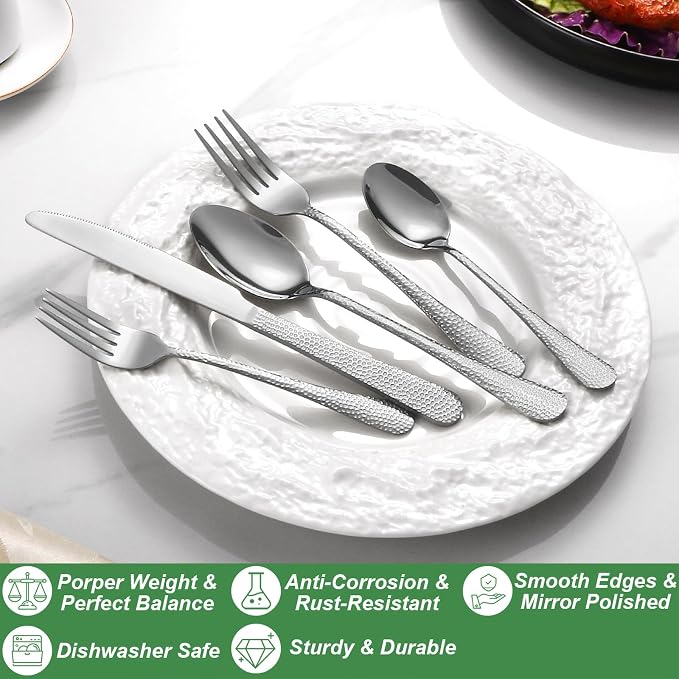 20 Pcs Silverware Set for 4, Food Grade Stainless Steel Flatware Set, Eating Utensils Sets Include Fork/Knife/Spoon, Reusable Cutlery Set for Home Kitchen, Dishwasher Safe, Wave Hammered
