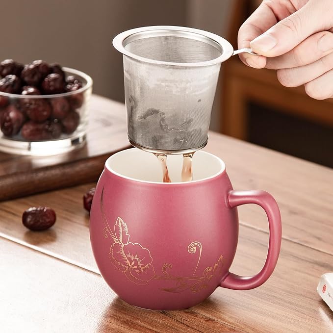 Yundu 12 OZ Ceramic Mug with Lid & Tea Strainer - Matte Purple Tea Cup with Golden Flower, Stainless Steel Infuser for Loose Leaf Tea