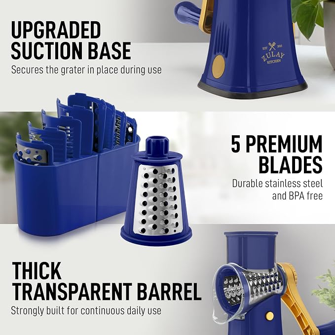 Zulay Kitchen Rotary Cheese Grater 5 Blade Cheese Shredder - Manual Hand Crank Cheese Grater With Reinforced Suction & 5 Interchangeable Drums - Easy to Use, Vegetable Chopper Round Mandoline Slicer