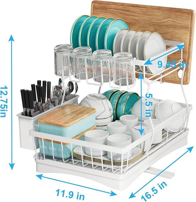 7 code 2-Tier Large Dish Drying Rack for Kitchen Counter, White | Detachable Large Capacity Dish Drainer Organizer with Auto Drain, Anti-Rust Dish Rack with Cup & Utensil Holders