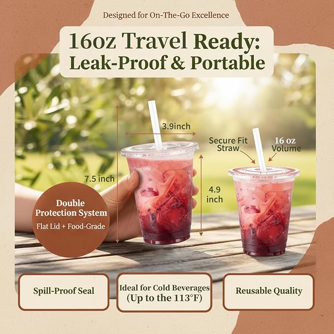 110 Pack 16 oz Disposable Clear Plastic Cups with Lids and Straws | To Go,BPA-Free,Heavy Duty,Leak-Resistant,for Iced Coffee,Cold Drink,Smoothie,Matcha,Juice,Dirty Soda,Party,Medium Size,Bulk