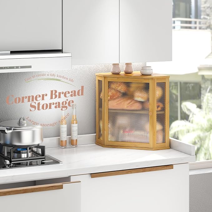 STDDRE Corner Bread Box Kitchen Countertop Extra Large Capacity Farmhouse Bread Box, Corner Countertop Storage, Double Layer Bread Holder (Natural, Extra Large)