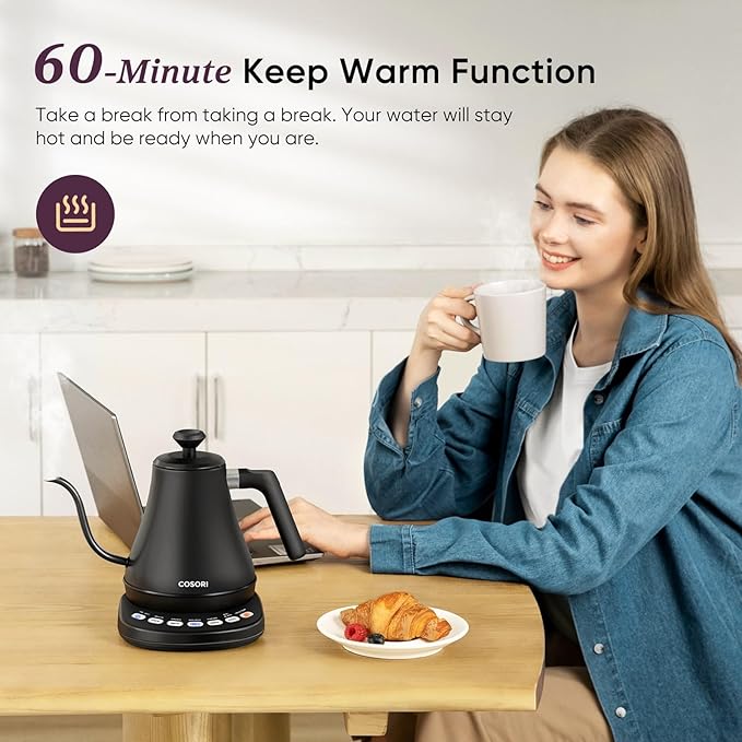 Cosori Gooseneck Electric Kettle with Temperature Control, 0.8L, Black | No Plastic Contact with Water, 5 Presets, 60-Min Keep Warm, Pour Over Coffee & Tea, Stainless Steel Interior, 1200W
