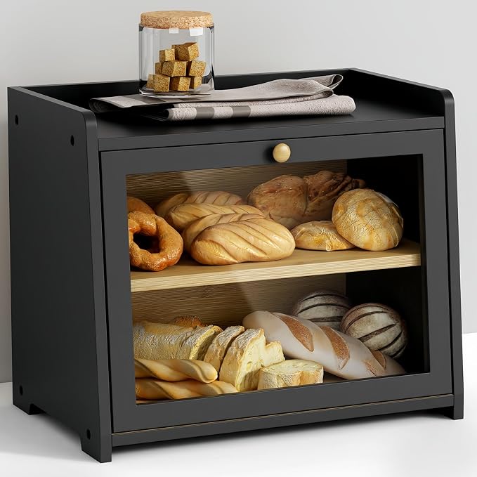 Goozii 2 Tier Bread Box for Kitchen Countertop Black, Double Layer Breadbox for Counter Top, Large Wood Vintage Bread Storage Container for Homemade Bread, Corner, Under Cabinet, Pantry