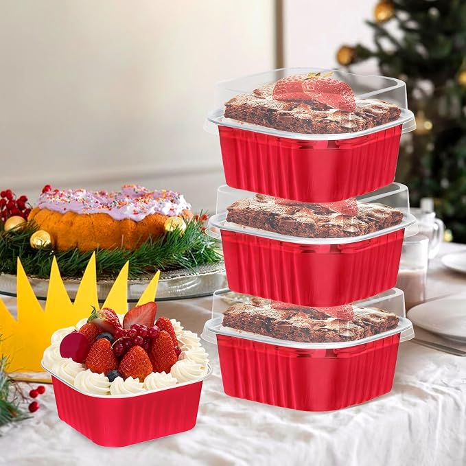 60Pack 5oz Christmas Mini Cake Pans with Lids Baking Cups Aluminum Foil Pans Tins, Individual Dessert Cups Containers for Sales,Party,Picnics Red