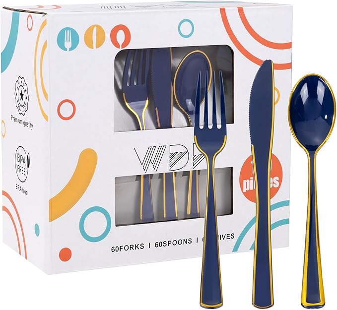 180PCS Blue Plastic Silverware -Blue and Gold Plastic Cutlery 60 Forks, 60 Knives, 60 Spoons - Heavy Duty Disposable Silverware for Party/Wedding/Birthday