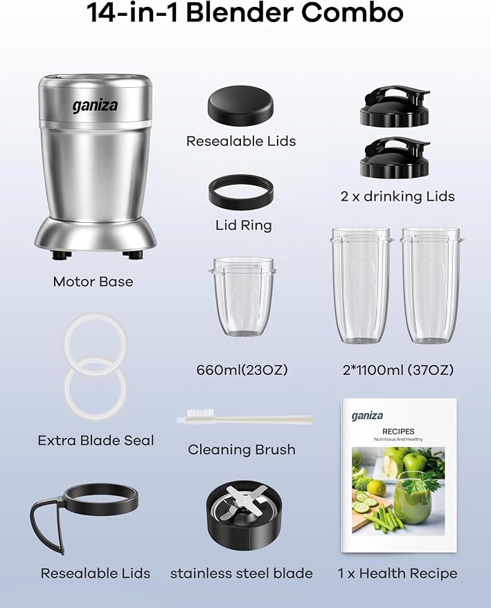 Ganiza Smoothie Blender Max 1300W, Personal Kitchen Blender & Grinder Combo | 23 oz, (2) 37 oz To-Go Cups, 6-Leaf Blade, Portable Maker for Smoothies, Shakes, Frozen Drinks, Sauces, Coffee Beans, Nuts