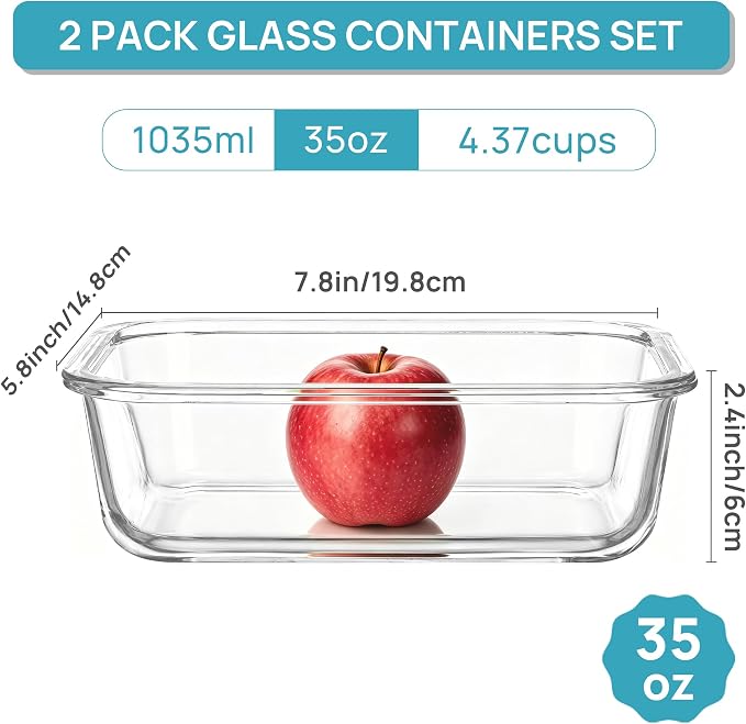 Vtopmart 2 Pack 35oz Glass Meal Prep Containers with Lids | Food Storage Containers, Airtight Reusable Lunch Container Set, Safe for Oven, Microwave, Freezer, and Dishwasher, BPA Free