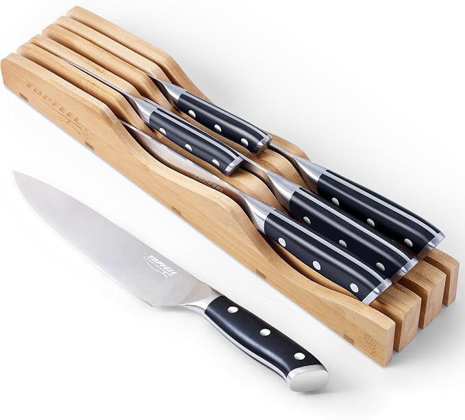 Topfeel 6PCS Kitchen Knife Set with In-Drawer Bamboo Knife Block | 8" chef,bread and Santoku knives, 5" utility and 3.5" paring knife with high-carbon stainless steel blades and gift box