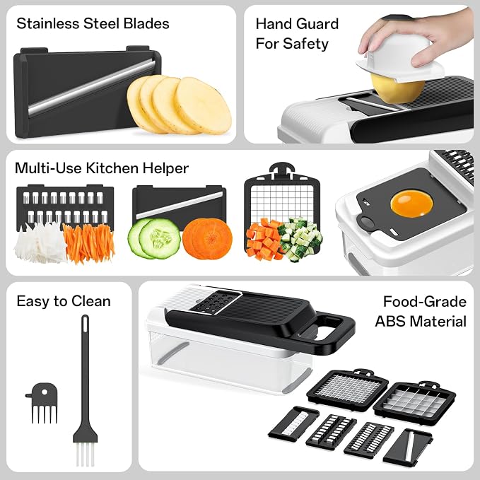 HomeHacks Veggie Chopper Vegetable Cutter, 12 in 1 Kitchen Gadget, White | Dicer, Slicer, Cutter, Slap Chop, Cheese Grater & Egg Separator - Multi-Functional Salad Fruit Onion Chopper with Container