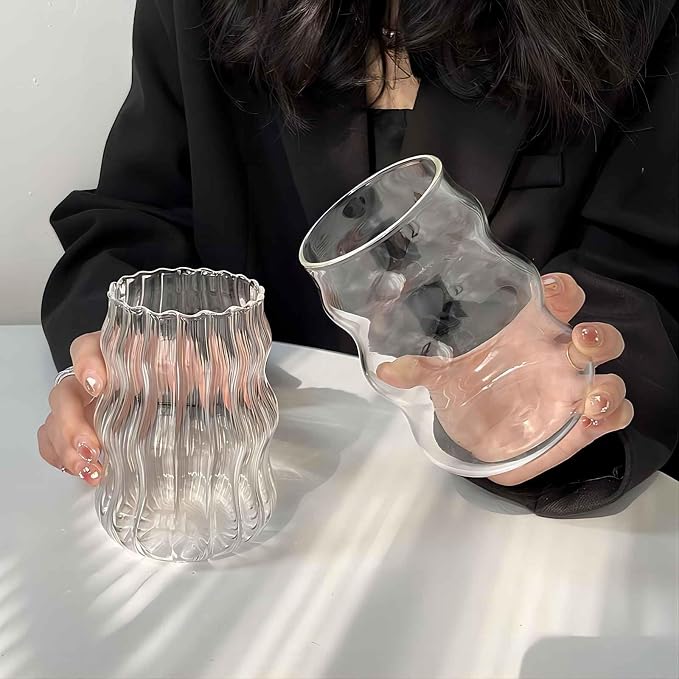 2 Pcs Ribbed Glass Cups 18 Oz Vintage Drinking Glassware Ripple Cocktail Glasses for Iced Coffee Juice Beverage Milk