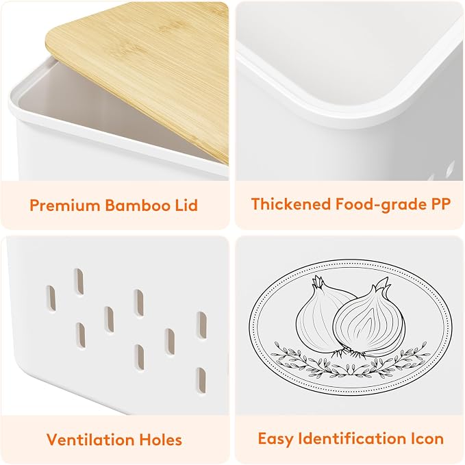 Lifewit Plastic Potato and Onion Storage Bin Box, Set of 2, White | Stackable Garlic Keeper, Vegetable Container Box, Aerating Holes & Lid for Pantry Countertop